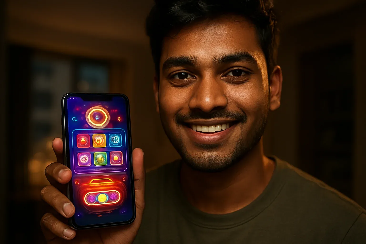 Young Bangladeshi man holding smartphone showing glowing colorful casino app interface