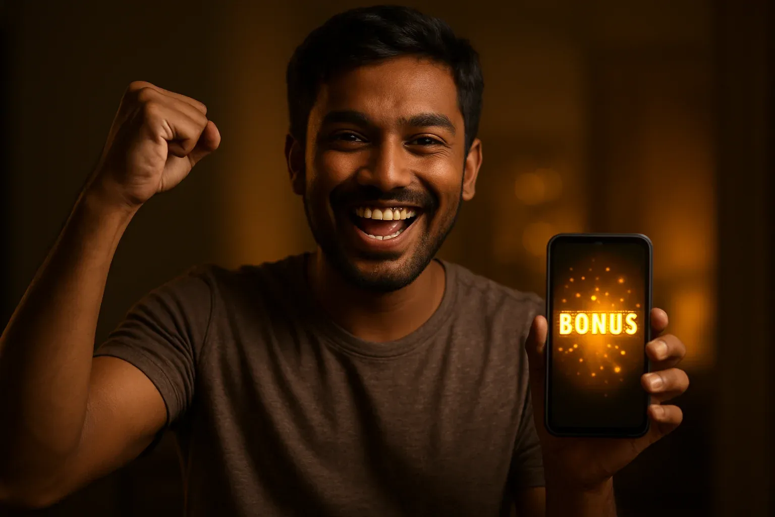 Joyful Bangladeshi man holding smartphone showing glowing golden bonus notification