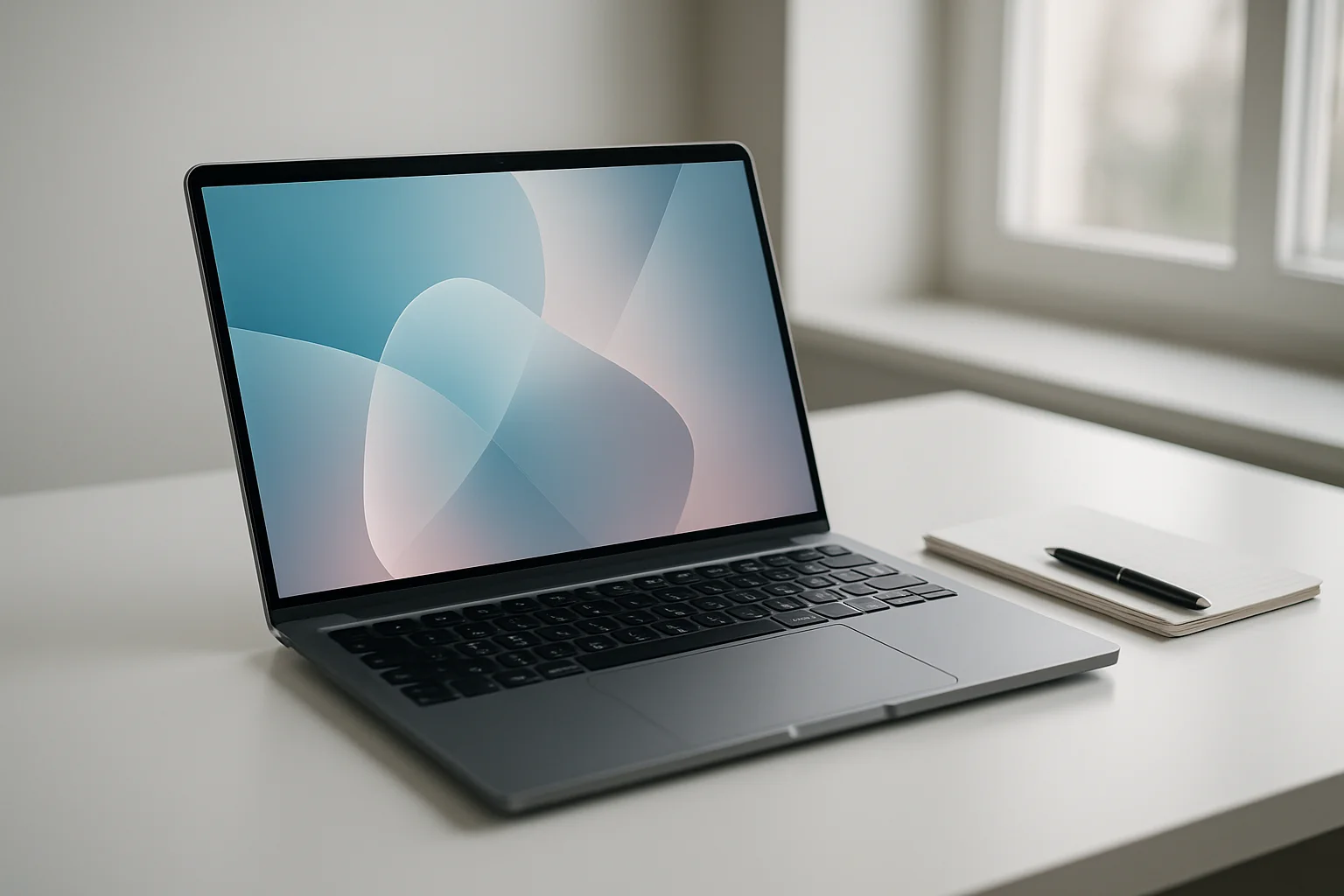 Modern laptop on white desk with abstract glowing screen in daylight