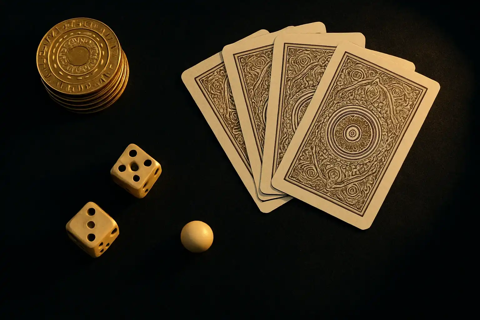 Top-down dark velvet casino flat-lay with gold chips, cards, dice, roulette ball