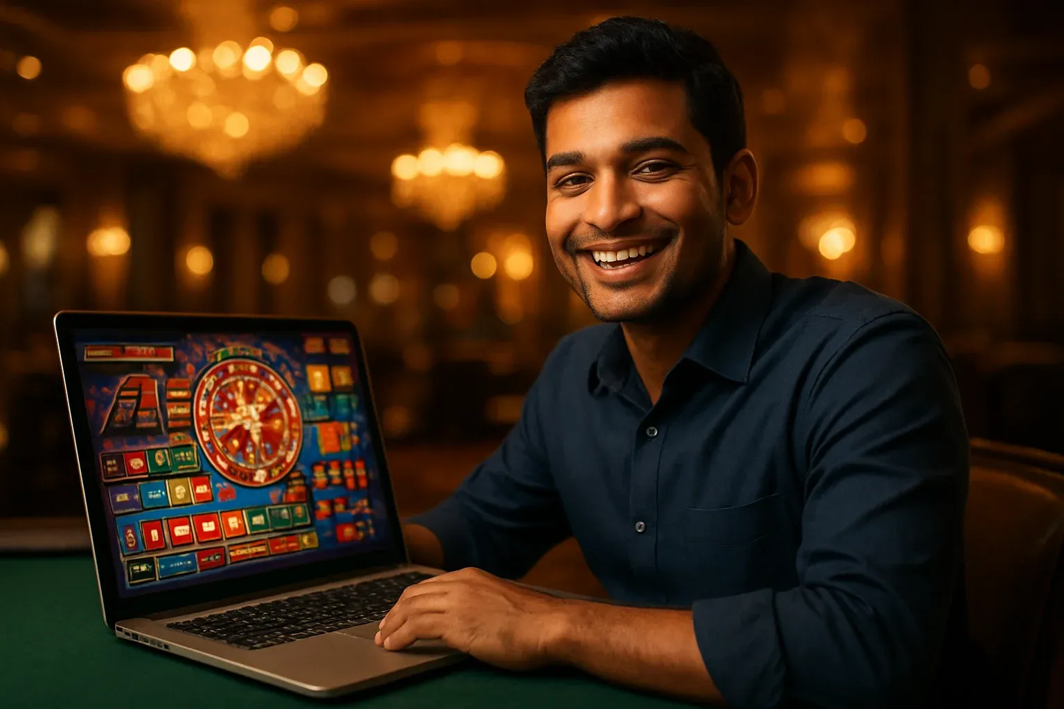 Cheerful Bangladeshi man smiling at open laptop in casino lounge