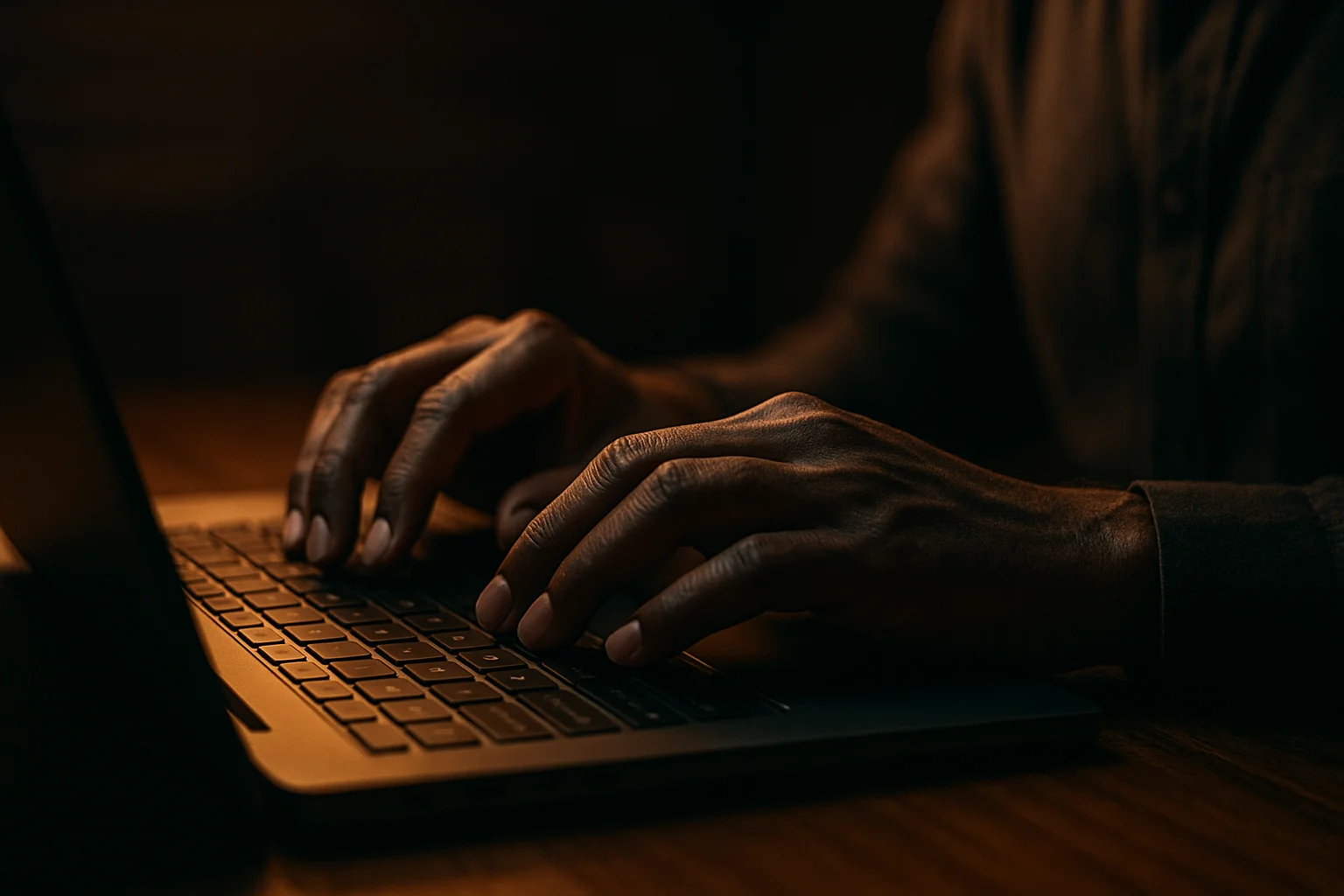 Bangladeshi man hands typing on laptop keyboard with dramatic lighting