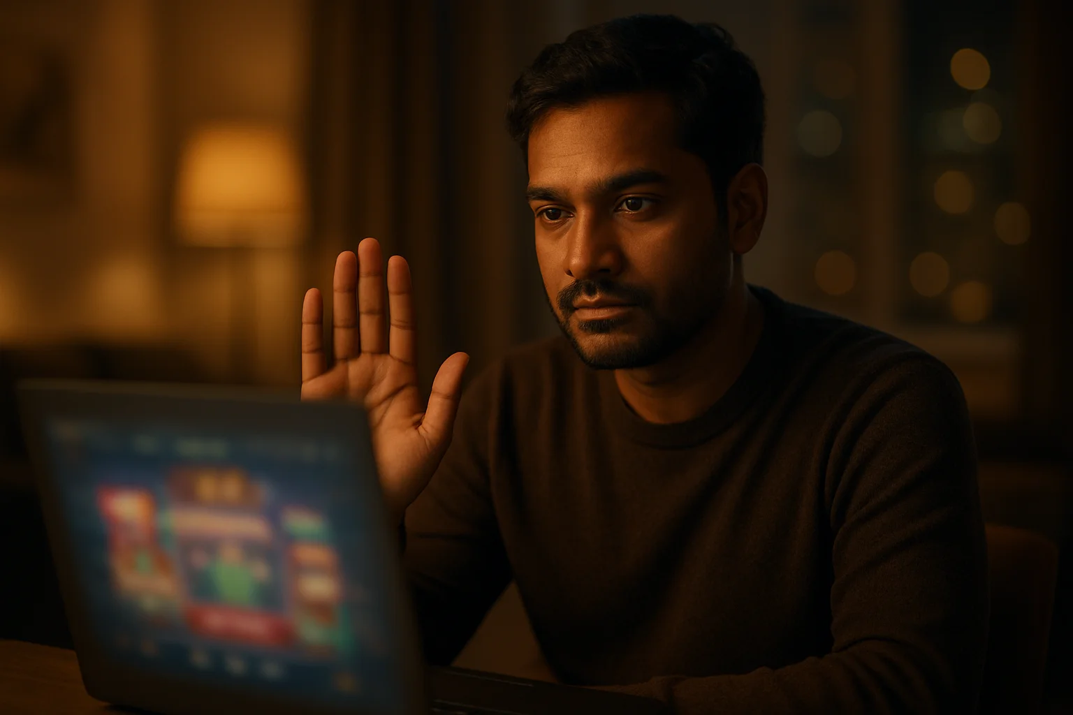 Bangladeshi man shows stop gesture by laptop with blurred casino screen
