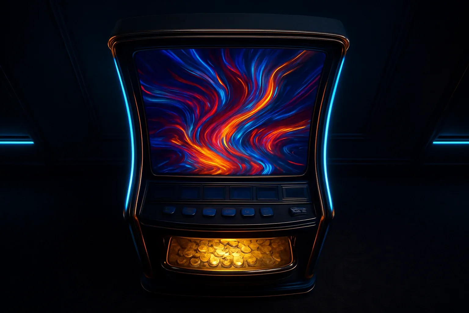 Hyperrealistic premium slot machine in dark luxury setting with neon lighting